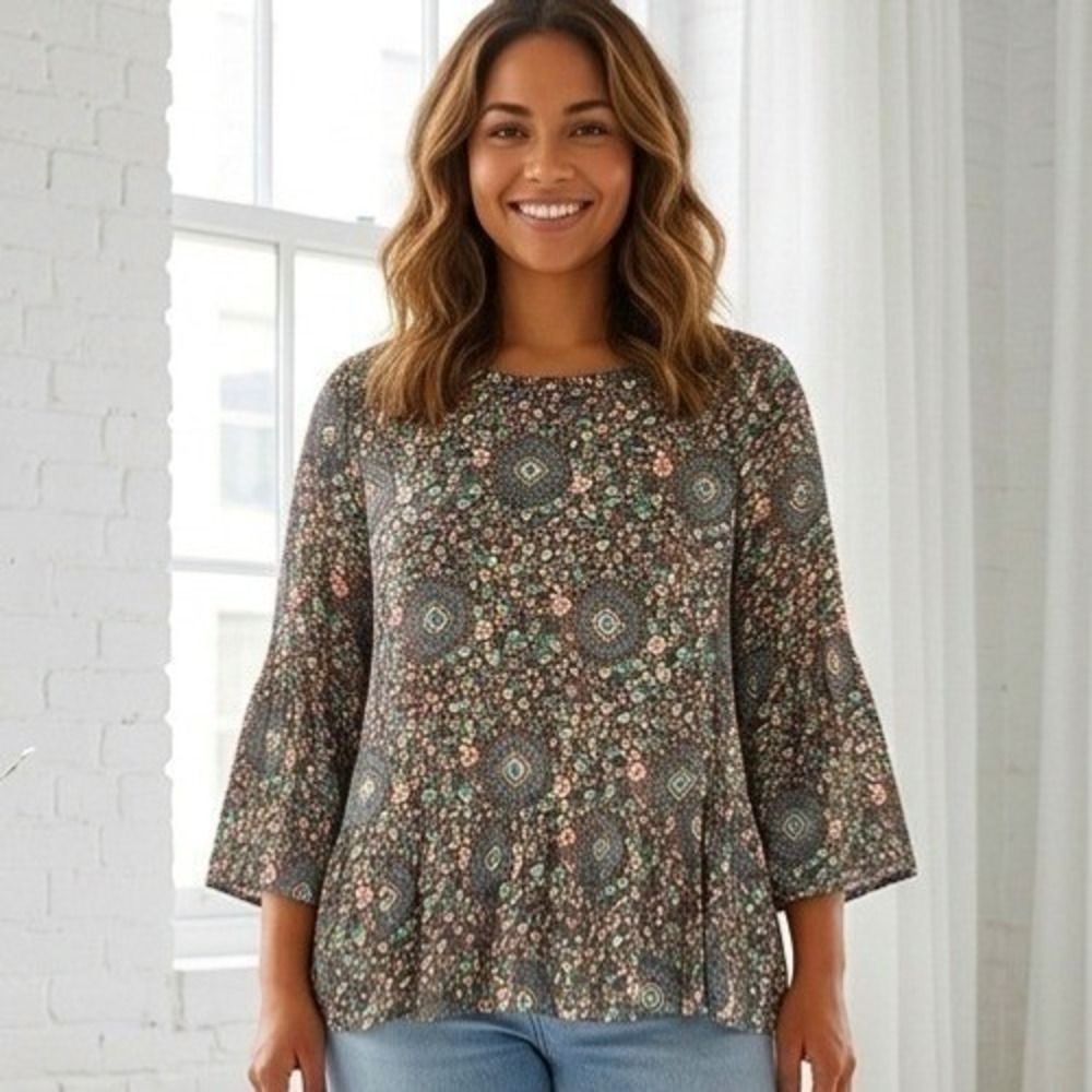 J Crew Blouse Womens Medium Multicolor Medallion Floral Boho Bell Sleeve Top